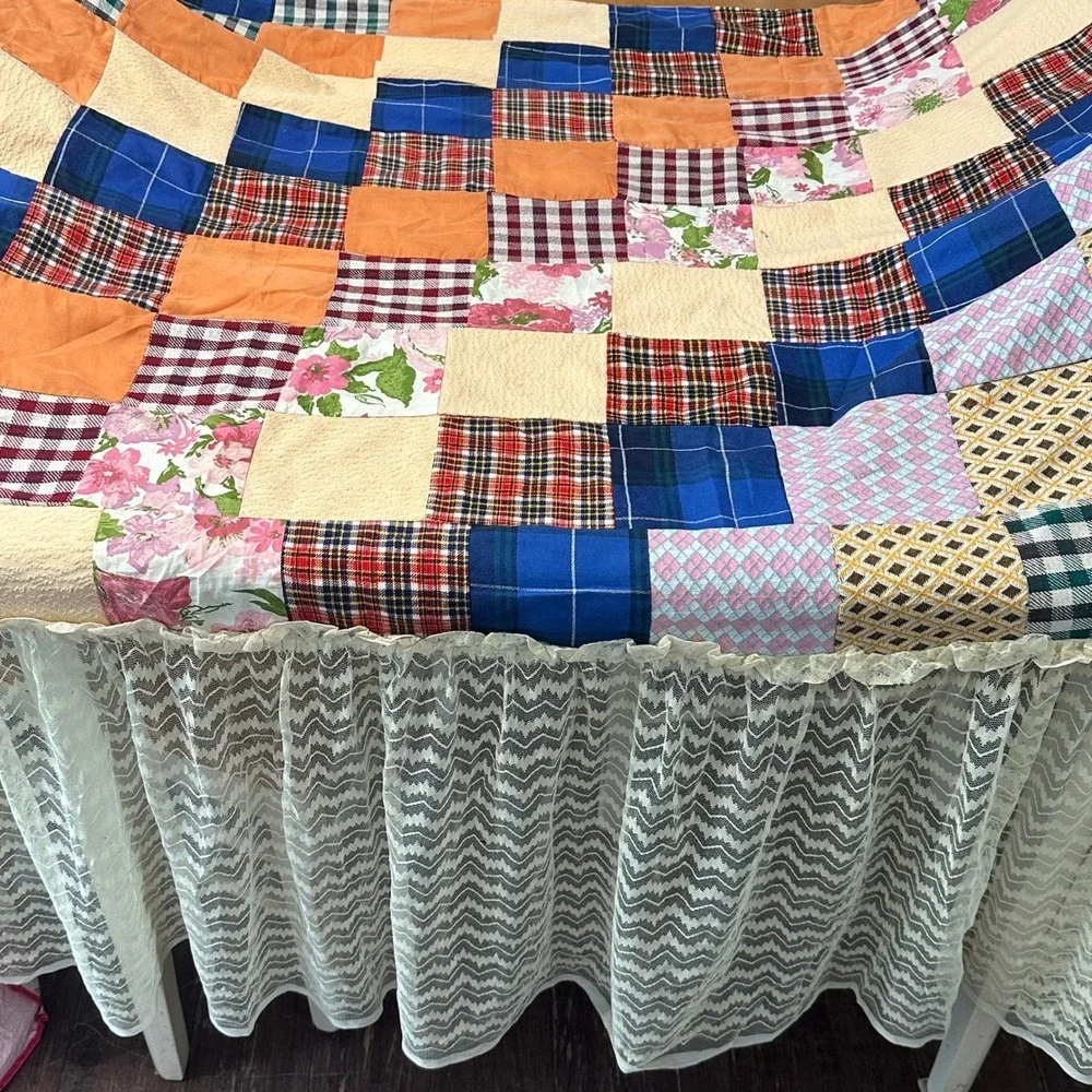 VTG Handmade Patchwork‎ Quilt 42x86 Plaid Floral Fabric Lace Embroidery Cottage
